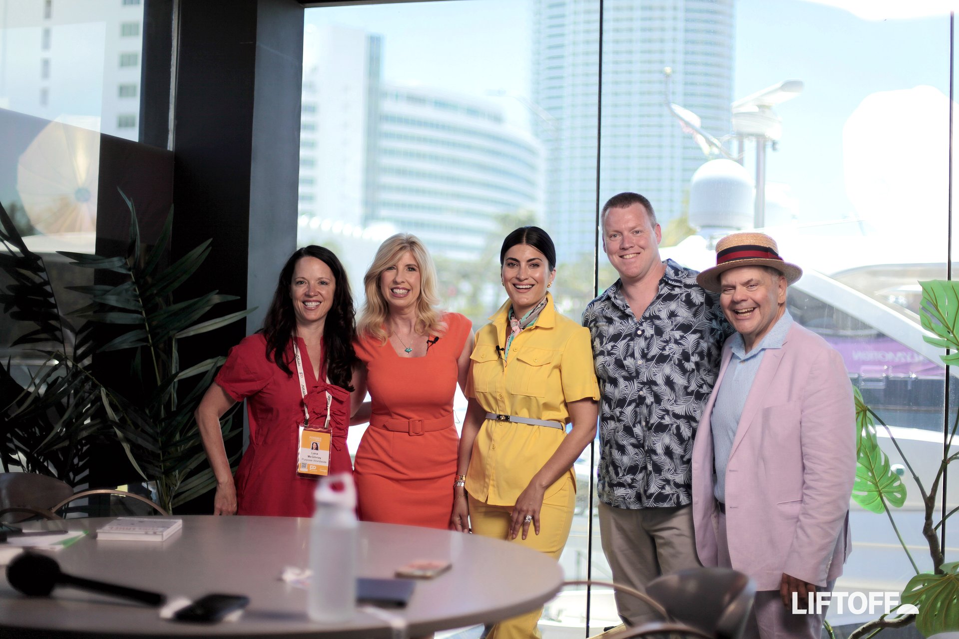 Ashley Miles, CEO of FranklynWest; Mark Grether, SVP at PayPal; Lana McGilvray, CEO of PurposeWorldside; Lou Paskalis, CEO of AJL Advisory; and Mike Finnerty, CEO of Mutinex, on the Liftoff with Jeanniey Walden set at POSSIBLE 2026 in Miami Beach, April 2026.